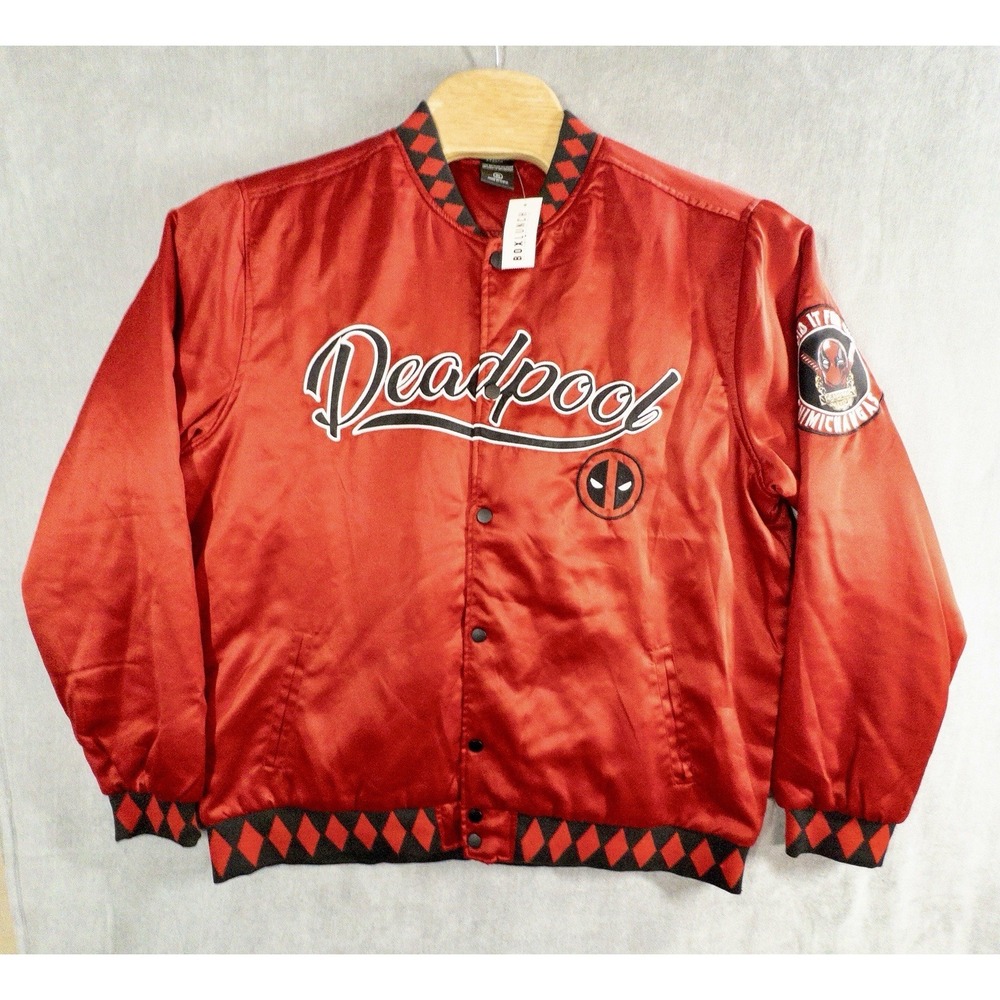 NWT Marvel‎ Deadpool Satin Bomber Jacket Red Black Diamond Mens XL Box Lunch